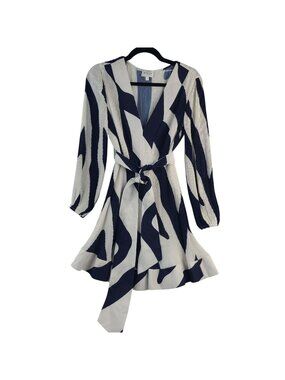 Milly LIV Blue & White Pleated Long-Sleeve Dress With Tie Waist Size 2